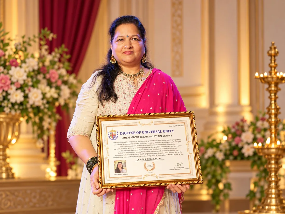 Dr. Agila Dhanarajan with her Ambassador for Arts & Cultural Service certificate from the Diocese of Universal Unity